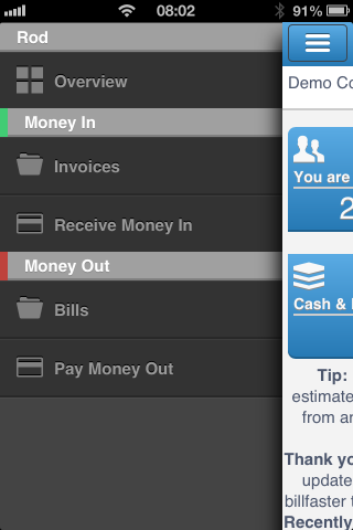 billfaster mobile cloud accounting menu